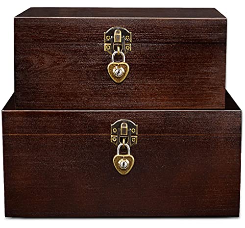 Set of 2 Wood Storage Box with Lock and Keys Decorative Wooden ‎Keepsake Case with Hinged Lid Treasure Chest Jewelry Trinket Organizer Gift Container Boxes for Women Men Letter Photo Rustic Brown - color: Coffee Brown
