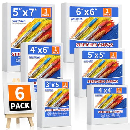 FIXSMITH Stretched Canvas for Painting, 3"x5", 4"x4", 4"x6", 5"x5", 5"x7", 6"x6", Pack of 6, Pre-Primed Canvases Wood Framed, Blank White Canvas Boards for Acrylic, Oil and Gouache Painting - size: Multipack-6 Pack