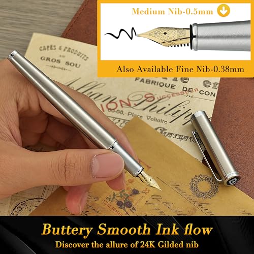 BEILUNER Luxury Fountain Pen Set, Solid 24K Gilded Medium Nib, Silver Stainless Steel Body- Includes 6 Ink Cartridges & Ink Refill Converter with Gift Case - Nice pen for Men and Women - color: Silver, style: Medium Nib