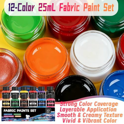 Fabric Paint Set, 12 Vibrant Colors Permanent Textile Paint (25ml/0.88oz) with Brushes & Stencils, Non-Toxic Water-Based Paint for T-Shirts, Bags & DIY Art Projects - color: 12colors