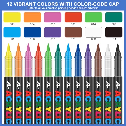 Amamao Acrylic Paint Markers, Soft Brush Tip Pens and Markers, Acrylic Paint Pens for Wood, Stone, Canvas, Glass, Fabric, Egg, Rock Painting and DIY Crafts Art Supplies (12) - style: 12 BOX