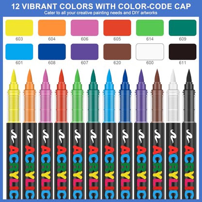 Amamao Acrylic Paint Markers, Soft Brush Tip Pens and Markers, Acrylic Paint Pens for Wood, Stone, Canvas, Glass, Fabric, Egg, Rock Painting and DIY Crafts Art Supplies (12) - style: 12 BOX
