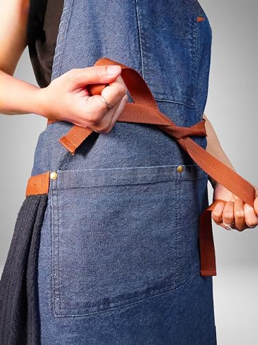 100% Cotton Printed Kitchen Apron with 2 Pockets for Men and Women – Adjustable Chef Apron - Machine Washable - color: Denim Royal
