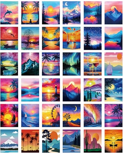 Sherr 36 Pcs Pre Drawn Canvas Painting Kits for Adults Cute Printed to Paint Set 8" x 10" Stretched Panels Sunset Landscape Theme Painting for DIY Art Sunmmer Date Night Party Favor