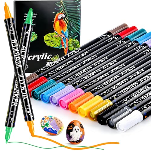 Acrylic Paint Pens Markers Set, Dual Tip Acrylic Paint Markers, Fine Tip and Dot Tip Colored Pens for Art Supplies, Coloring Paint Pen for Rock, Stone, Glass, Fabric, Canvas, Gifts for Teens 12 Colors - color: 12 Colors_Dual Tip