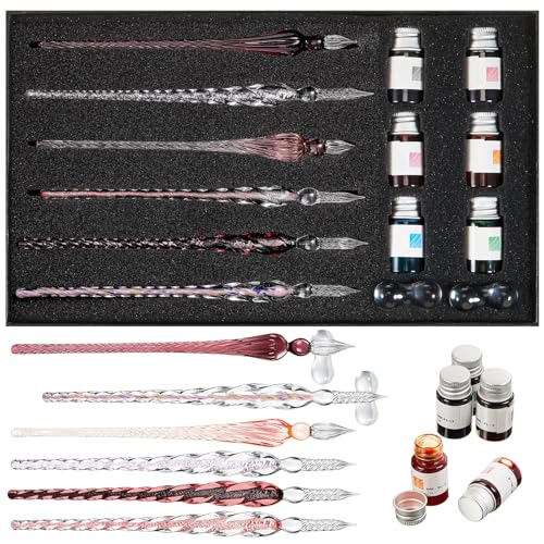 Zonon Glass Dipped Pen Ink Set 14 Pcs Crystal Signature Calligraphy Include 6 Pcs Glass Dip Pen 6 Colorful India Ink and 2 Holder for Art Writing Gift(Purple Pink Color System) - color: Purple Pink Color System