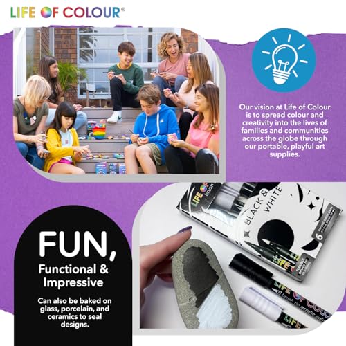 Life of Colour Black & White Brush Tip Acrylic Paint Pens | Permanent Black & White Acrylic Paint Pens for Detailing, Lettering, Ceramics, Canvas, Rocks & Creative Crafts. - style: Black and White Brush Tips