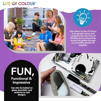 Life of Colour Black & White Brush Tip Acrylic Paint Pens | Permanent Black & White Acrylic Paint Pens for Detailing, Lettering, Ceramics, Canvas, Rocks & Creative Crafts. - style: Black and White Brush Tips