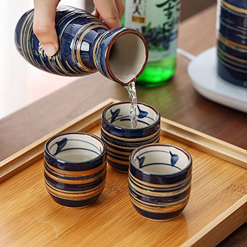 5 Pieces Japanese Sake Set 200ml Sake Bottle 50ml Saki Cup Set Traditional Hand Painted Design Porcelain Pottery Ceramic Soju Cups Sake Glasses (Blue Wise)