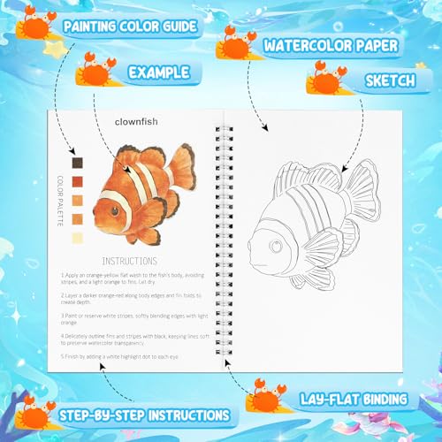 Watercolor Workbook, 24 Colors Solid Paint Set, Ocean Themed DIY Patterns, Anti-Bleed Paper, Beginner Friendly Art Kit For Adults