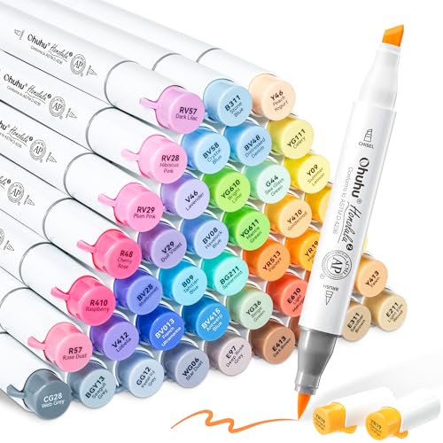 Ohuhu Alcohol Brush Markers 48 Mid-tone Colors - AP Certificated Double Tipped Alcohol Based Art Marker Set for Artist Adults Coloring Illustration - Honolulu 2 Brush & Chisel Dual Tips - Refillable