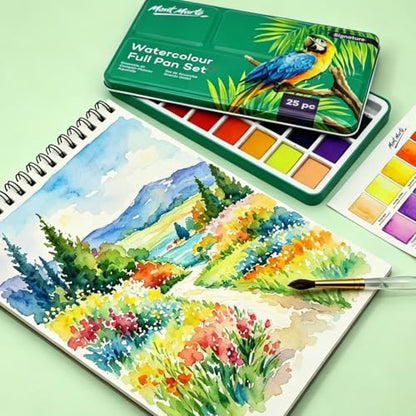 Mont Marte Watercolor Full Pan Set Signature 25pc, Watercolor Paint Set Featuring 24 Full Pan Colors and Round Brush, Includes Study Travel Tin and Four Mixing Wells