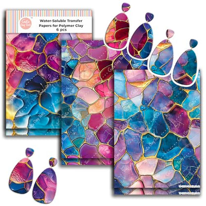 GOTO CLAY TOOLS Colorful Stained Glass Clay Transfer Paper – 6 Pcs, Transfer Paper for Polymer Clay, Stained Glass Pattern Polymer Clay Transfer Sheet for Jewelry Making - color: Stained Glass - Coloful