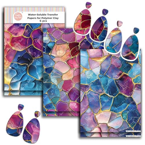 GOTO CLAY TOOLS Colorful Stained Glass Clay Transfer Paper – 6 Pcs, Transfer Paper for Polymer Clay, Stained Glass Pattern Polymer Clay Transfer Sheet for Jewelry Making - color: Stained Glass - Coloful