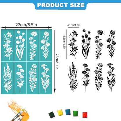 2 Sheets Silkscreen Stencil, Flowers Plants Printing Stencils Templates Reusable Self-Adhesive Silk Screen for Painting on Wall, Wood, T-Shirt, Fabric, Home Craft Decor, 8.7x11Inch - style: Plants