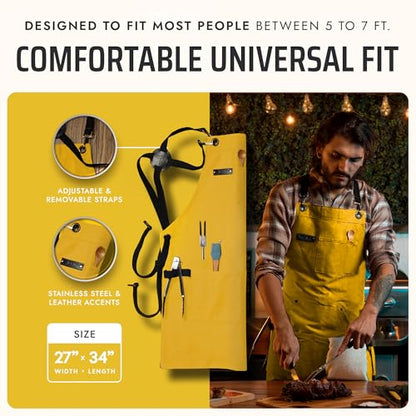 Asaya Chef and BBQ Apron with Bottle Opener and Hand Towel - 10oz Cotton Canvas, Stainless Steel Hardware - Cross Back Straps - color: Yellow