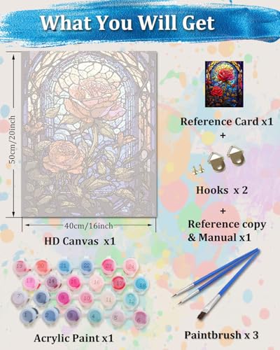 TOCARE Stained Glass Paint by Numbers kit for Adults Beginner Red Rose Paint by Number Canvas, Simple Oil Painting Paint by Numbers for Adults Flowers 16x20inch - color: Stained Glass Rose
