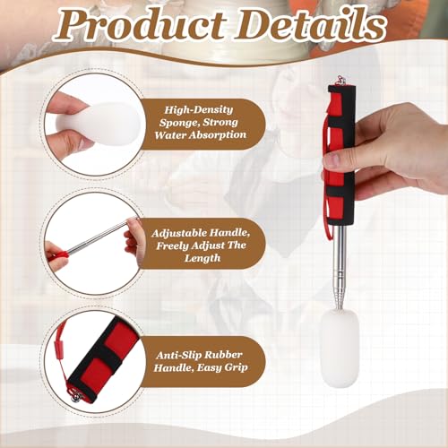 PATIKIL 41" Telescoping Sponge Stick for Pottery, Retractable Ceramic Sponge Tool with 2pcs Head for Removing Excess Water from Tall and Narrow Pottery, White/Red(1.18/1.57"W) - color: White/Red
