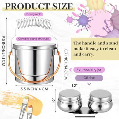 2 Pcs Paint Brush Cleaner Set Stainless Steel Double Dipper Palette Cup Paint Brush Portable Washer Holder for Oil Cleaner Kits(Straight Shape,Jumbo) - size: Jumbo