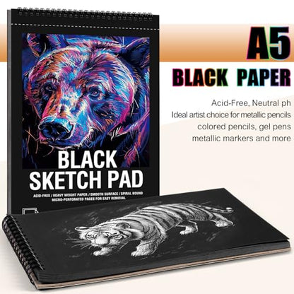 30 Sheets Black Paper Sketchbook, 98lb/160gsm Heavyweight Black Sketch Pad 5.5×8.5in, Acid-Free Drawing Paper, Spiral Bound Sketch Book for Kids, Teens, Artist - size: 5.5×8.5 Inch (1 pack)