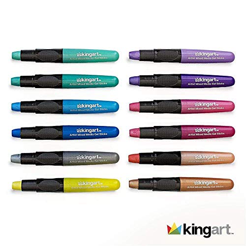 KINGART Mixed Media Gel Stick Crayons, Metallic, Set of 12-Colors | Shimmer Effects: Brush on water for watercolor effects; odorless and non-toxic