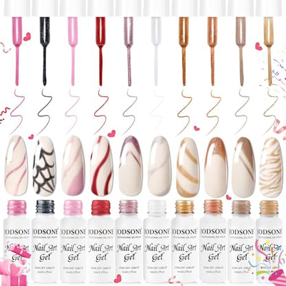JODSONE Nail Art Gel Liner Set 10 Colors Glitter Red Black Pink Gel Nail polish Need U V Lamp Cured with Thin Brush at Home Salon Design,Gifts for Women - color: LB1001-LB1010