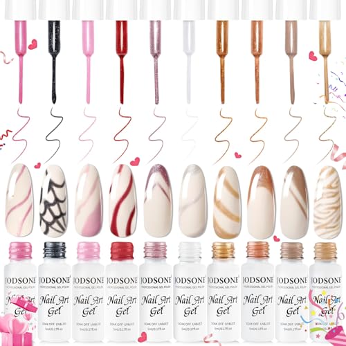 JODSONE Nail Art Gel Liner Set 10 Colors Glitter Red Black Pink Gel Nail polish Need U V Lamp Cured with Thin Brush at Home Salon Design,Gifts for Women - color: LB1001-LB1010