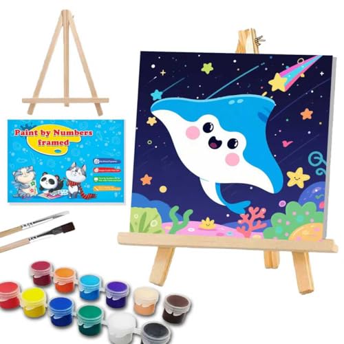 WEMEON Manta Ray Paint by Numbers Kit for Kids with Frame and Easel, Easy Paint by Numbers Kits for Kids Ages 4-6, Small Painting by Number for Birthday Gift, Painting Party(10X10inch) - color: DMBK-0009-US(10X10inch)