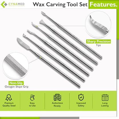 Cynamed Professional Precision Carving Tools Set - 6-Piece Stainless Steel Sculpting, Modeling & Dental Craft Instruments - Ideal for Clay, Wax, & Detail Work - Versatile Art & Dentistry Equipment