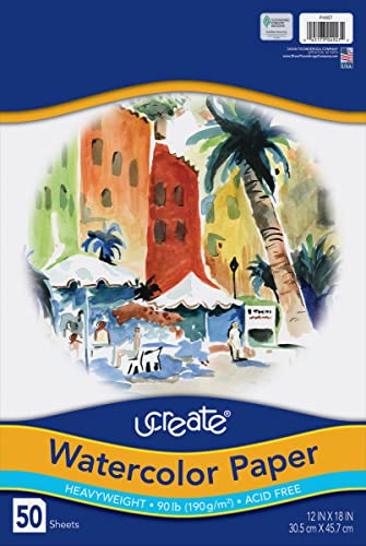 UCreate Art1st UCreate Watercolor Paper, White, Package, 90 lb., 12" x 18", 50 Sheets - size: 12" x 18"