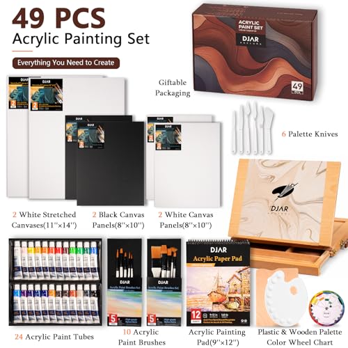 DJAR 49 Pcs Acrylic Paint Set with Tabletop Easel Box, 24 Colors | All-in-One Painting Kit with Sketchbook, Painting Pads & Palette, Complete Art Supplies Kit for Adults, Teens, and Beginners - style: Tabletop Easel Set