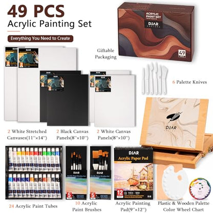 DJAR 49 Pcs Acrylic Paint Set with Tabletop Easel Box, 24 Colors | All-in-One Painting Kit with Sketchbook, Painting Pads & Palette, Complete Art Supplies Kit for Adults, Teens, and Beginners - style: Tabletop Easel Set