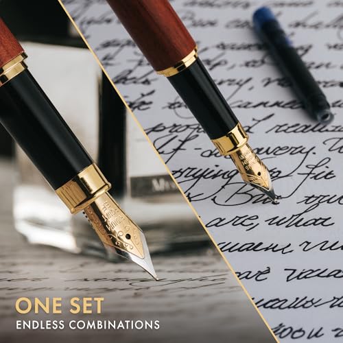 Wordsworth & Black Fountain Pen Set, Luxury Bamboo Wood - Medium Nib, Extra Fine Nib, Gift Case; 25ML Black Ink Bottle, 6 Ink Cartridges, Refill Converter - Calligraphy, Writing [Brown Wood] - color: Brown Wood