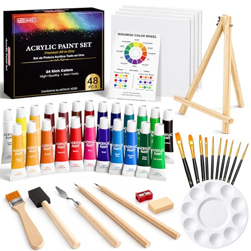 MISUMISO Acrylic Paint Kit for Beginners, 24 Colors Complete Painting Set with 4 Canvas Panels, 10 Brushes, Wooden Easel, Palette & Art Supplies, All-in-One Paint Set for Adults & Teens