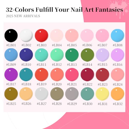 JODSONE Gel Polish Nail Art Gel Liner Set 32 Colors Orange Grey Pink Green Blue White Black Need U V Lamp Cured with Thin Brush,Nail Art Gifts for Women - color: LB01-LB32