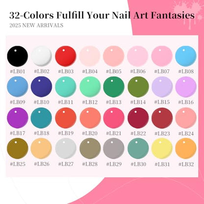 JODSONE Gel Polish Nail Art Gel Liner Set 32 Colors Orange Grey Pink Green Blue White Black Need U V Lamp Cured with Thin Brush,Nail Art Gifts for Women - color: LB01-LB32