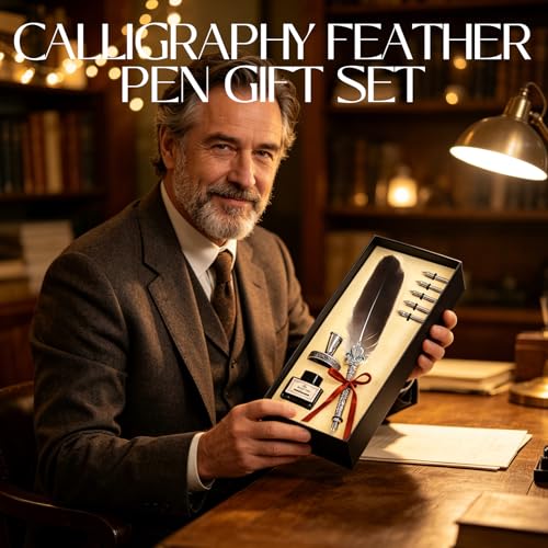 Joyeee Grey Writing Quill and Ink Set, With Elegant Antique Feather Fountain Dip Pen, Black Ink Pot, Stainless Steel Nibs, Collectible Keepsake Gift Box, Nice Luxury Office Gift for Colleagues Clients - color: Grey Quill Pen Set