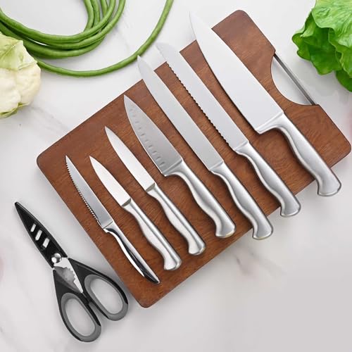 15-Piece Stainless Steel Chef Kitchen Knife Sets with Block & Built-In Sharpener, Professional Chef Knife Sets with Scissors, Steak Knives - color: Silver
