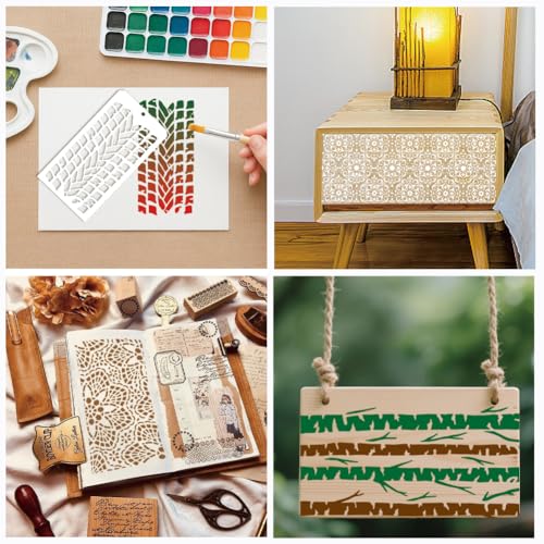 12 Sheets Texture Painting Stencils, 12 Styles Geometric Honeycomb Brick Leopard Flower Grain Layering Templates Reusable Border Stencil for Painting on Wall Wood Home Decor - style: Texture