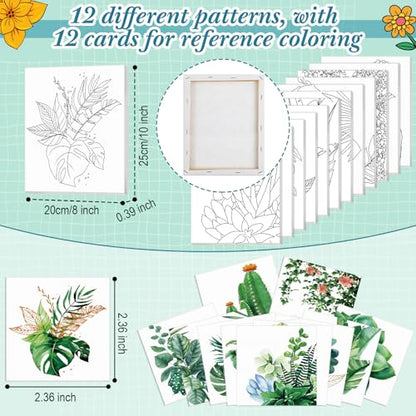 Engrowtic 12 Pcs 8 x 10'' Green Plants Pre Drawn Canvas to Paint Pre Printed Sketched Canvas for Adult Ladies Paint Art Party Favor Board Set for Craft(Classic Style) - style: Classic Style