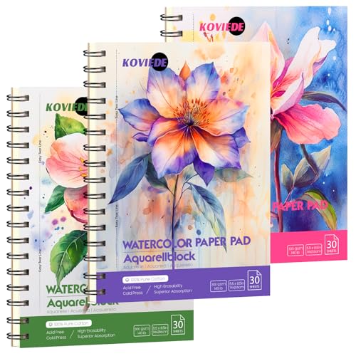 KOVIEDE 100% Cotton Watercolor Paper Pad 3 Pack (90 Sheets) Cold Press 140lb/300gsm Spiral Bound Watercolor Sketchbook, Artist Quality Art Journal Supplies (Floral-3 Pack, 5.5“x8.5) - color: Floral-3 Pack, size: 5.5“x8.5"