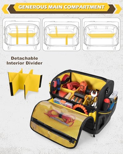 12-Inch Tool Bag with Hard Bottom, Electrician Tool Box Organizer with Detachable Divider, Multi-Purpose Work Tote for Mechanics, Carpenters, Plumbers, Black