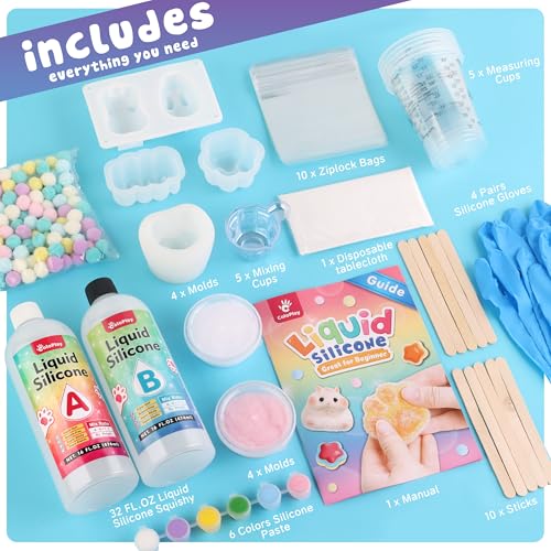 ColoPlay Taba Squishy Kit - 32OZ Bigger Rubber Squishy Kit with Guided, 44 PCS Bubble Free and Faster Fully Cures - FuFu Squishy Kit with Mold, Flocking Powder - Stress Relief Entertainment - size: 32OZ Kit