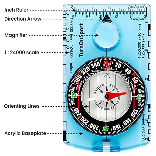 TurnOnSport Orienteering Compass - Advanced Scout Compass for Hiking, Camping, and Backpacking - Best Survival Gifts for Kids