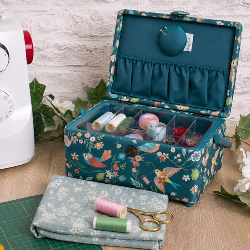 Hobby Gift Medium Sewing Box Organiser, Fabric Covered Storage Box with Handle, Internal Tray, Pin Cushion and Pocket for Sewing, Quilting and Knitting Supplies - color: Birds