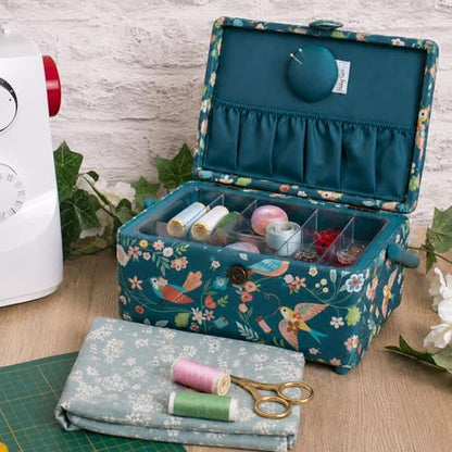 Hobby Gift Medium Sewing Box Organiser, Fabric Covered Storage Box with Handle, Internal Tray, Pin Cushion and Pocket for Sewing, Quilting and Knitting Supplies - color: Birds