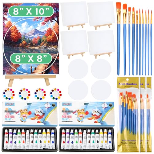 70pcs 8x10 8x8 Inch Painting Supplies Kit, 8Pack Art Canvas Bulk with Easel Stand, 12 Colors Mini Acrylic Paint Set, Small Paint Brushes, Paint Trays, Painting Kit