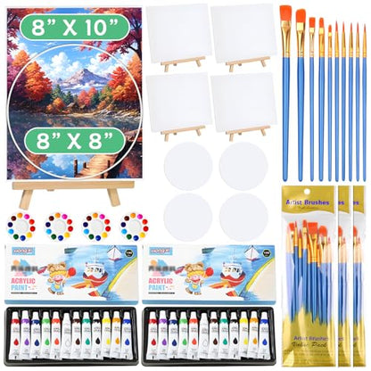 70pcs 8x10 8x8 Inch Painting Supplies Kit, 8Pack Art Canvas Bulk with Easel Stand, 12 Colors Mini Acrylic Paint Set, Small Paint Brushes, Paint Trays, Painting Kit