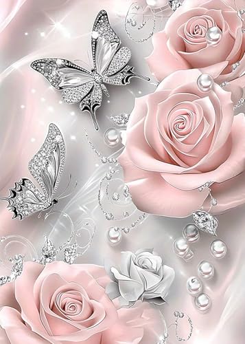 BYGFHLYW 5D Diamond Painting Kits for Adults, Butterfly Rose Flower Diamond Art Kits for Adults Beginner, DIY Full Drill Diamond Dot Gem Painting for Home Wall Decor 12x16inch - color: KM53-1