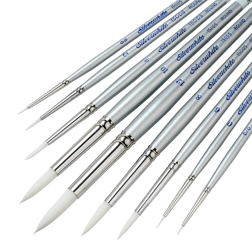 Silver Brush Limited SW-1584S Silverwhite Short Handle Round Brushes with Soft Synthetic Taklon, 9pc Premium Artist Painting Bundle for Acrylics, Watercolor, Gauche, Ink, Dye, Craft Paint, & Tempera - style: 9 Pc, Short Handle Rounds